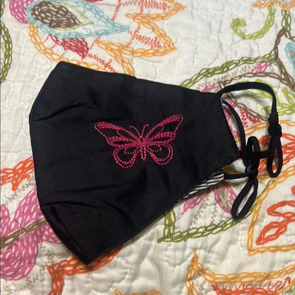 Johnny Was Black Face Mask with Pink Butterfly Embroidery (5 pack)